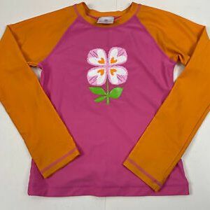 Hanna Andersson Rashguard Swim Sun Shirt 140 US 10 Orange Pink Flower SPF